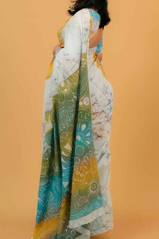 White + Multicolored Saree