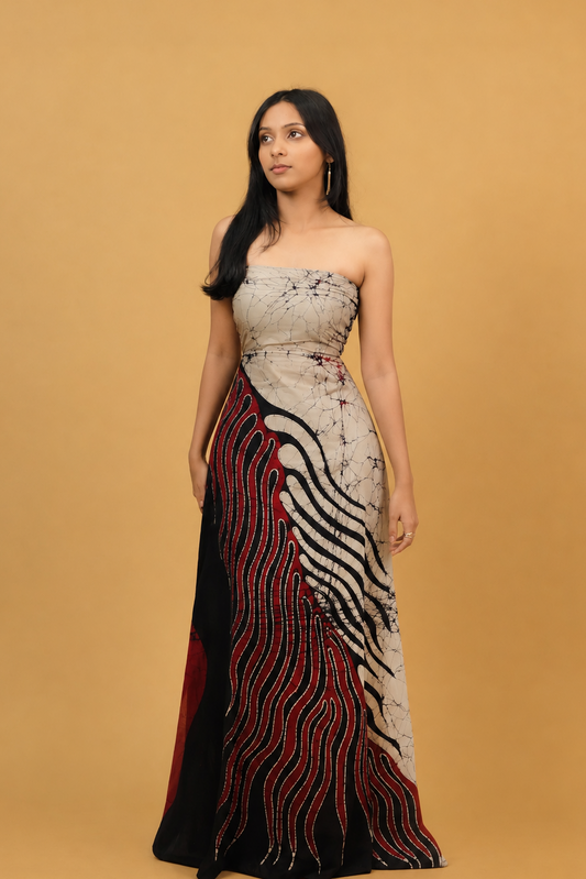 Red and Black wavy Strapless floor-length Gown