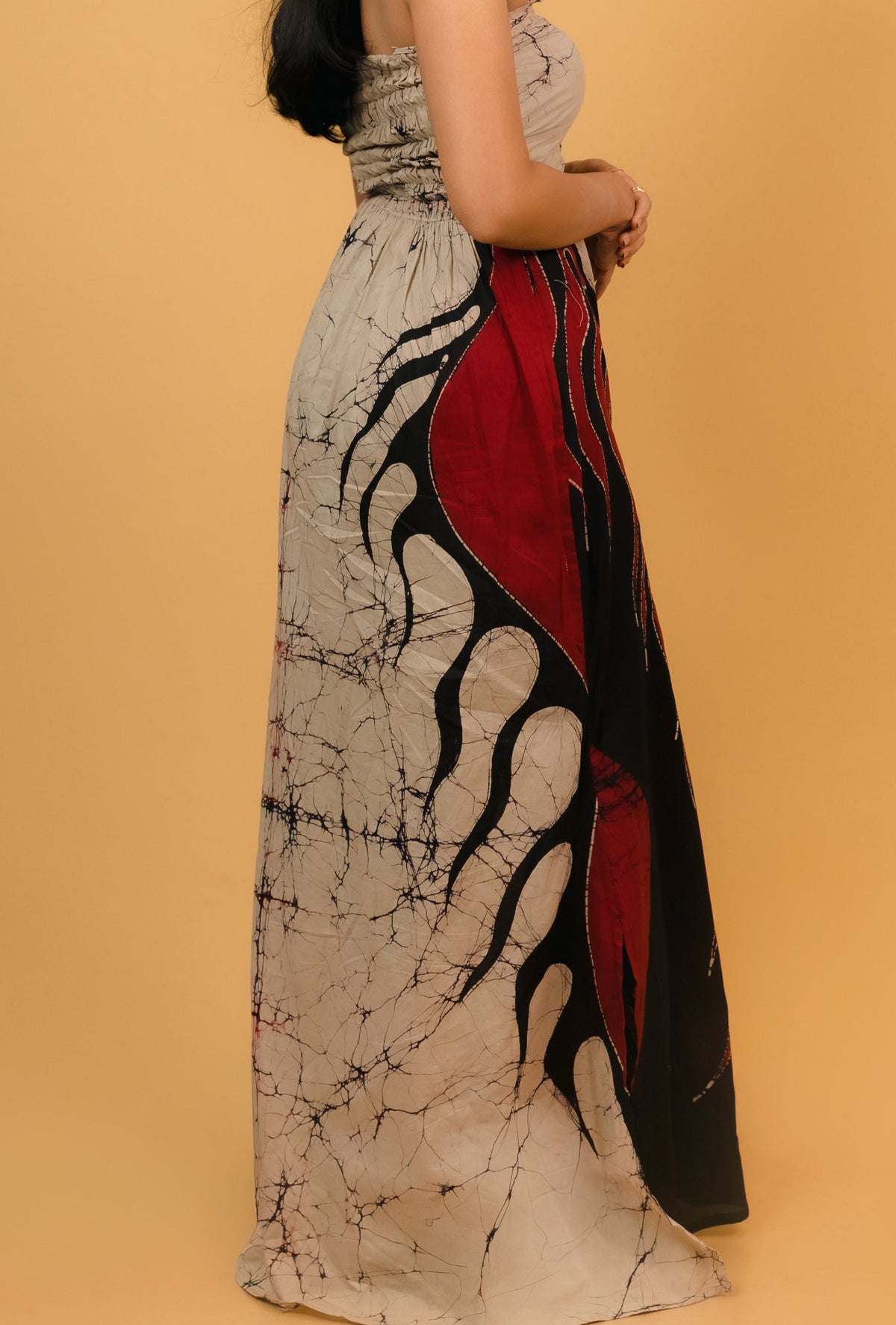 Red and Black wavy Strapless floor-length Gown